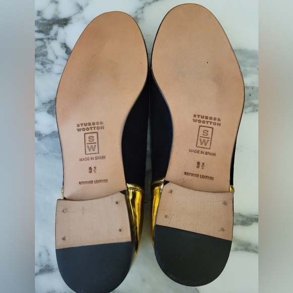 Stubbs & Wootton black velvet loafers w/ gold metallic trim - Picture 5 of 8
